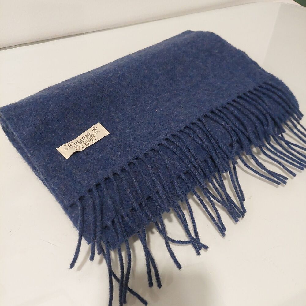 Vtg John Hanly Long BLUE Scarf 100% Irish Lambswool Woven In IRELAND 64"x11.5"